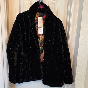 Johnny Was Black Velvet Teddy Jacket with Embroidered Lining